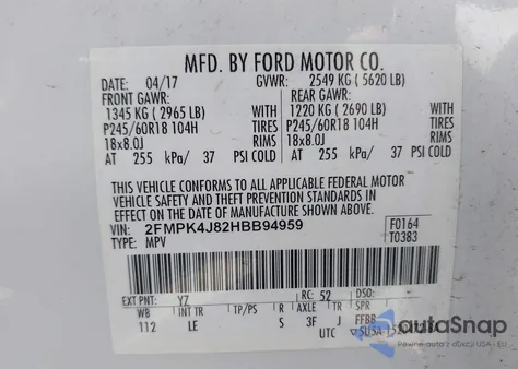 2017 Ford Edge Sel z USA, uszkodzony, nr VIN 2FMPK4J82HBB94959